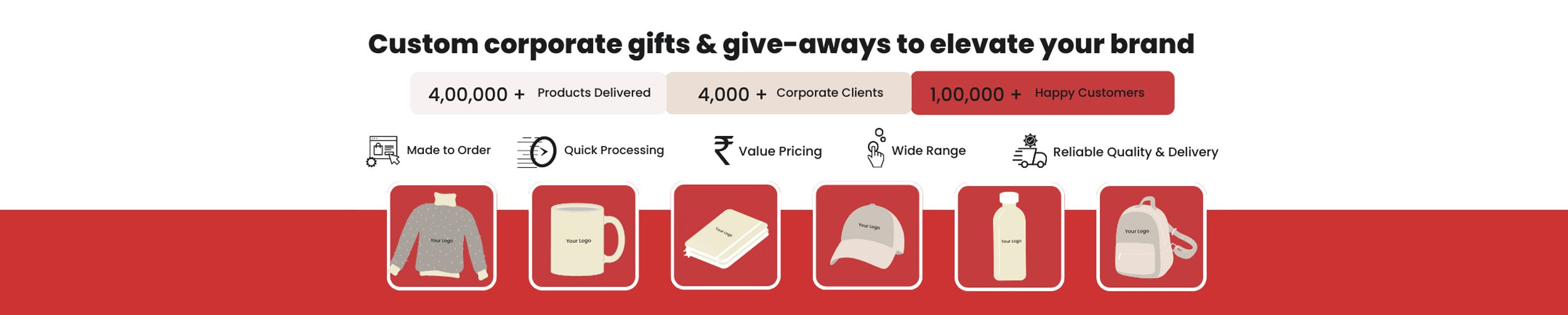 Promotional banner for custom corporate gifts with icons and text on a red background